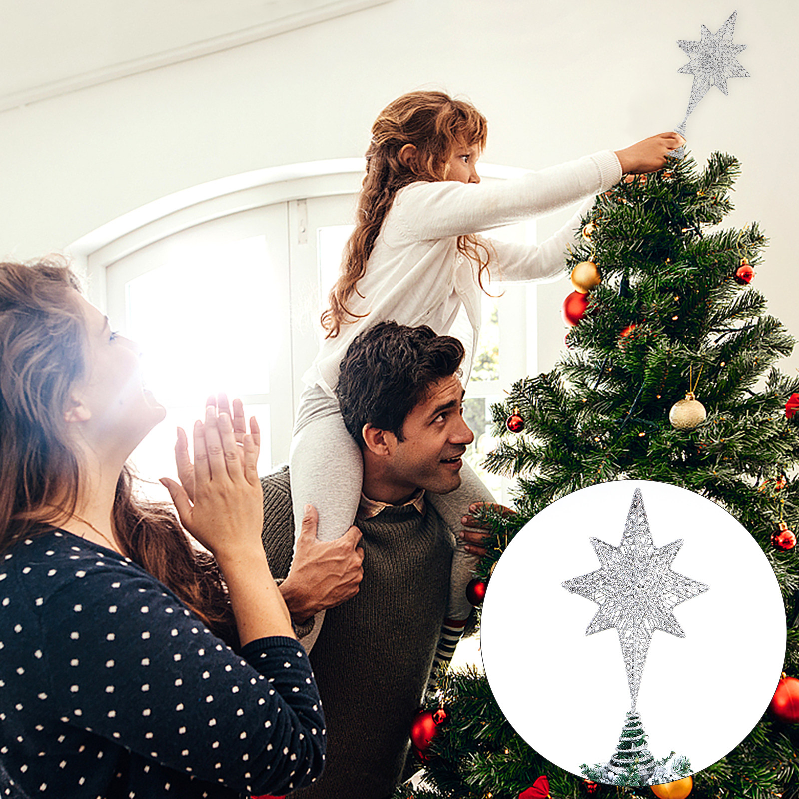1Pcs Glittering Gold-Toned Eig - Star Tree Topper ulasan dan harga